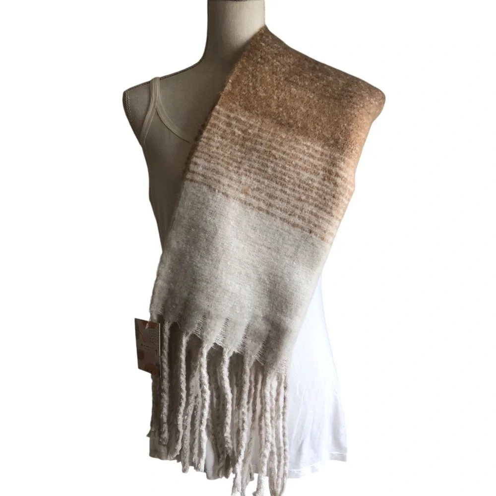 Beige and White Fringed Scarf Ombré Stripe
